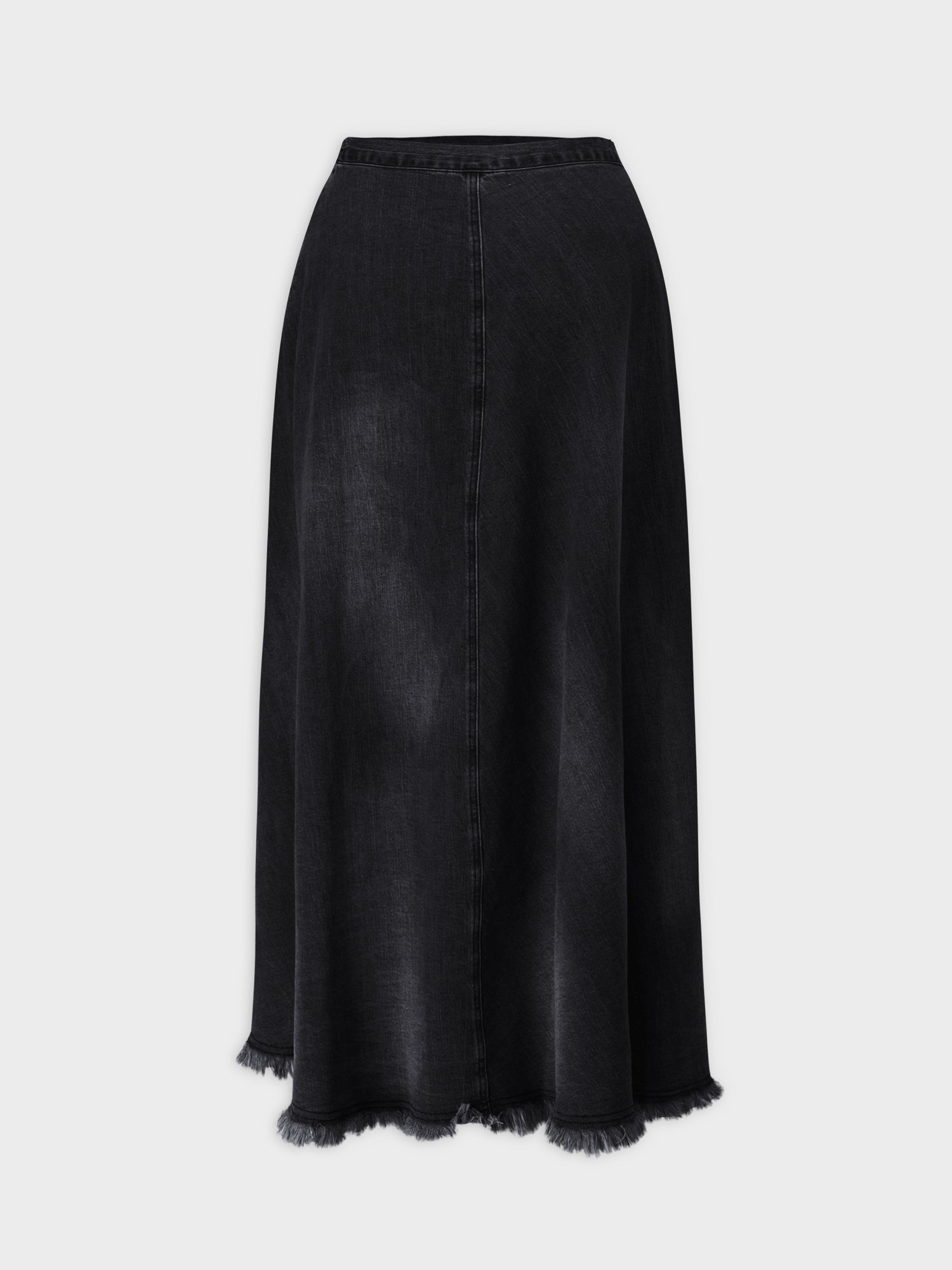 Washed Fringe Denim Skirt-Black