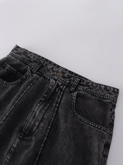 Denim Seamed Skirt-Black
