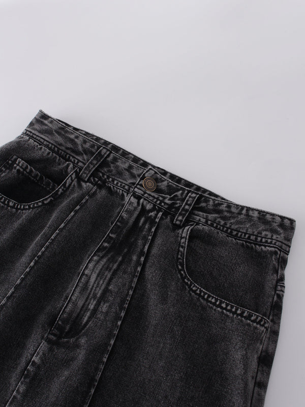 Denim Seamed Skirt-Black