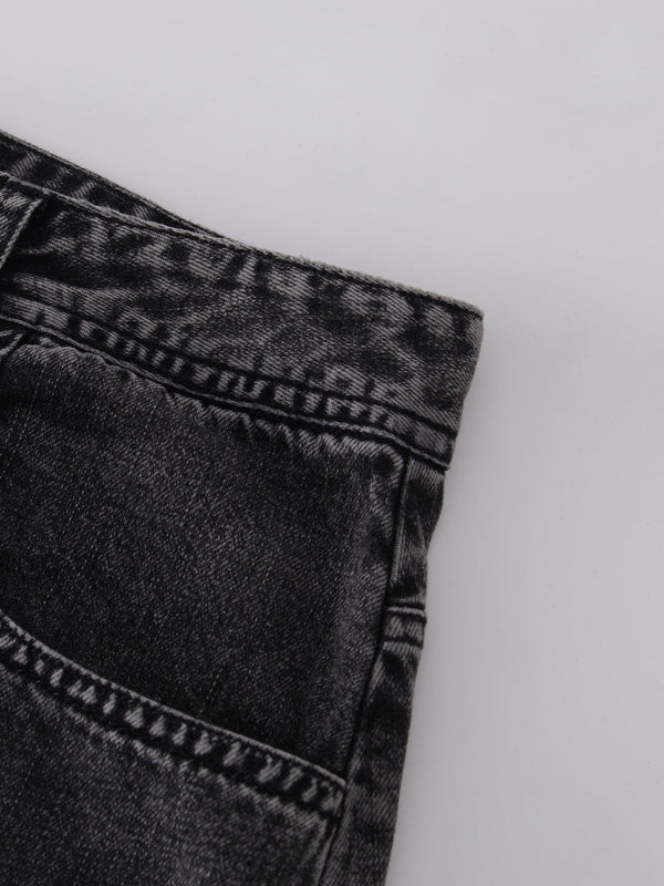 Denim Seamed Skirt-Black