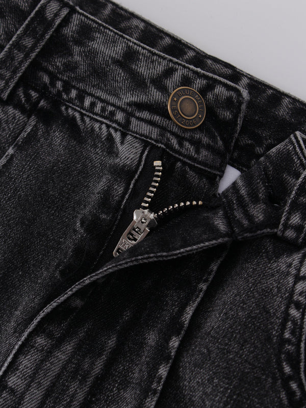 Denim Seamed Skirt-Black