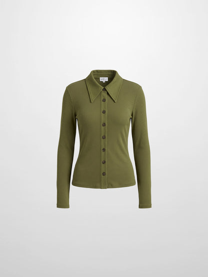 Ribbed Button Down Shirt-Olive