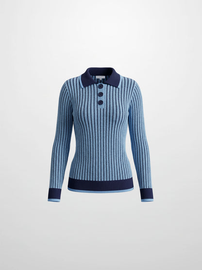 Two Tone Ribbed Polo Sweater-Blue