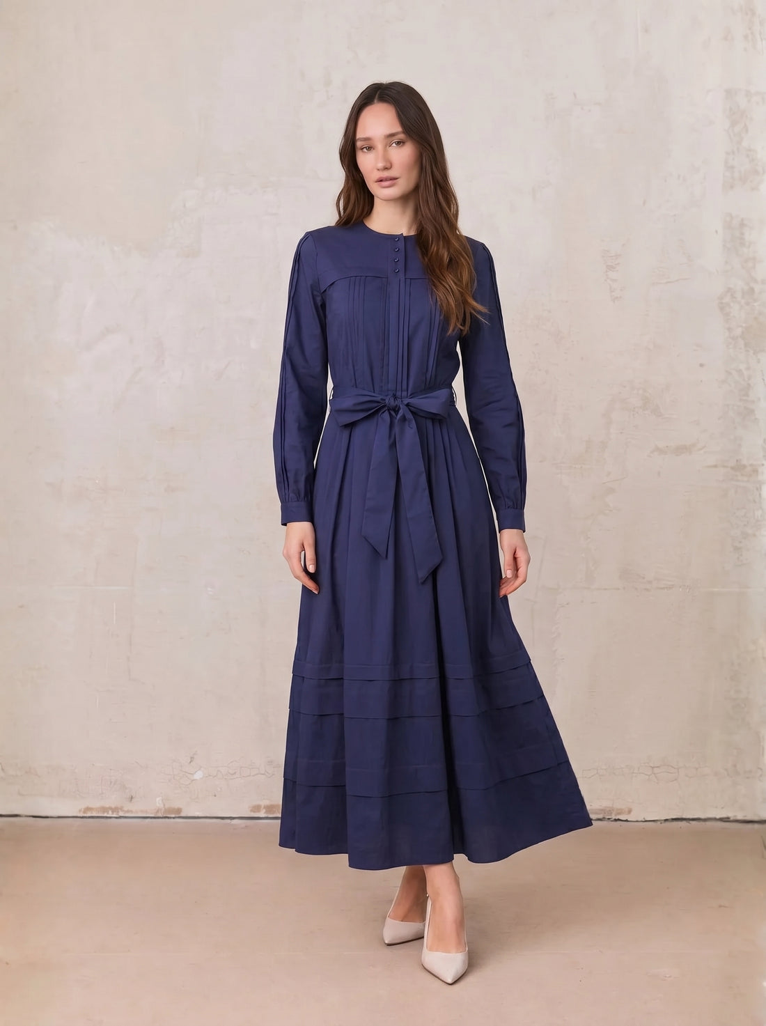 Pintuck Pleat Dress-Navy