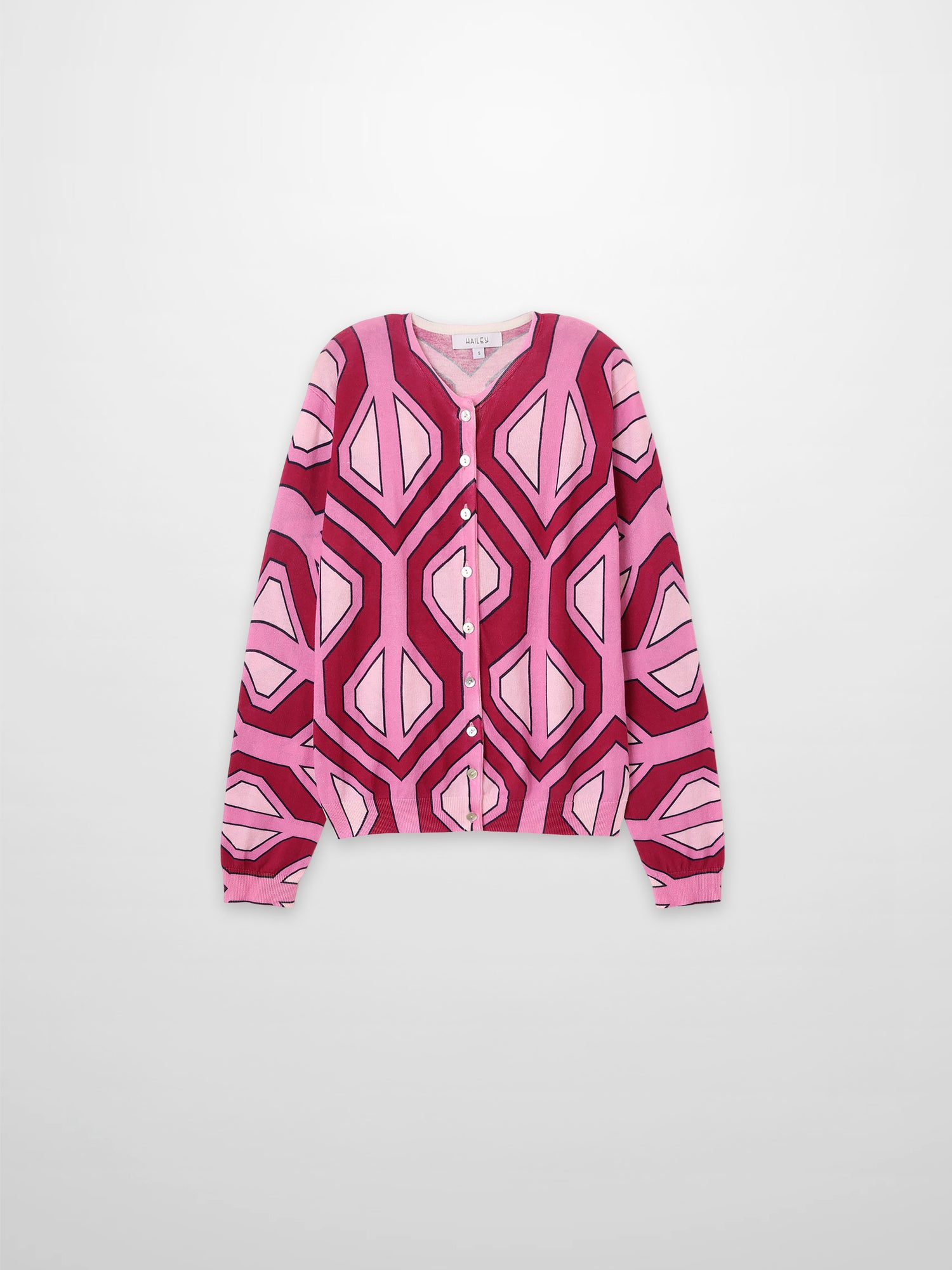 Printed Thin Button-Down Crew Cardigan-Pink Geometric