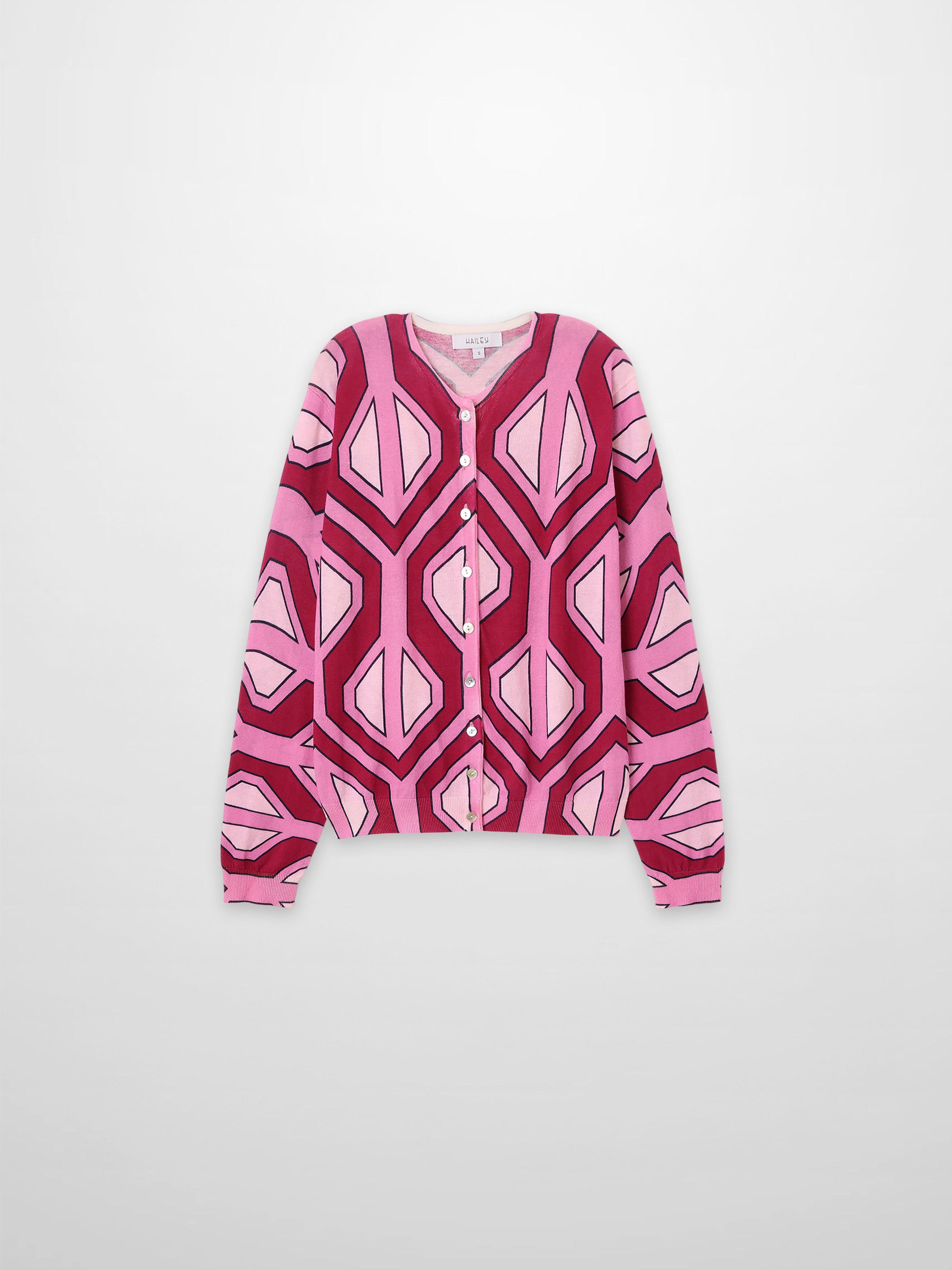 Printed Thin Button-Down Crew Cardigan-Pink Geometric