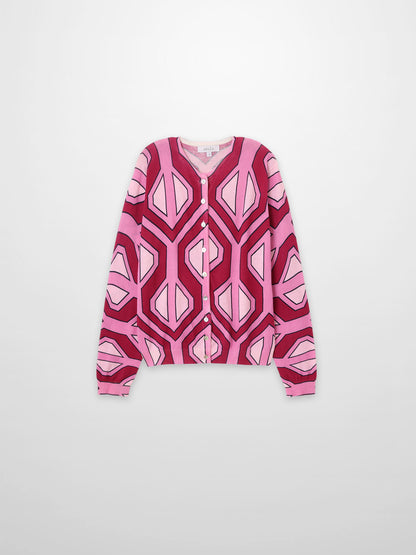Printed Thin Button-Down Crew Cardigan-Pink Geometric