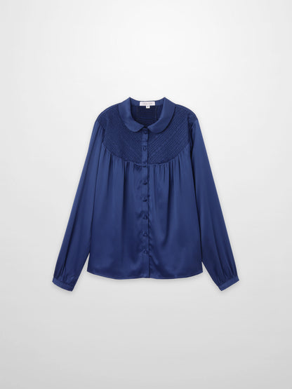 Faux Satin Micro Stitch Blouse-Navy