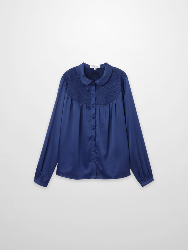 Faux Satin Micro Stitch Blouse-Navy