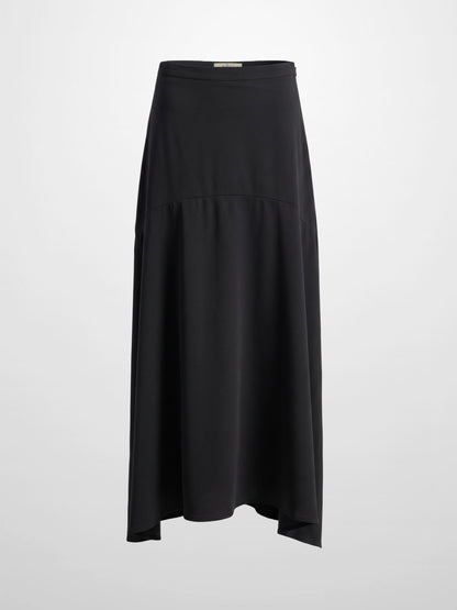 Curved Yoke Faux Satin Skirt - Black