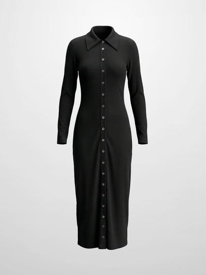 Button Down Ribbed Maxi Dress-Black