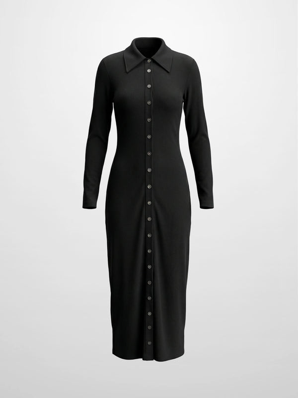 Button Down Ribbed Maxi Dress-Black