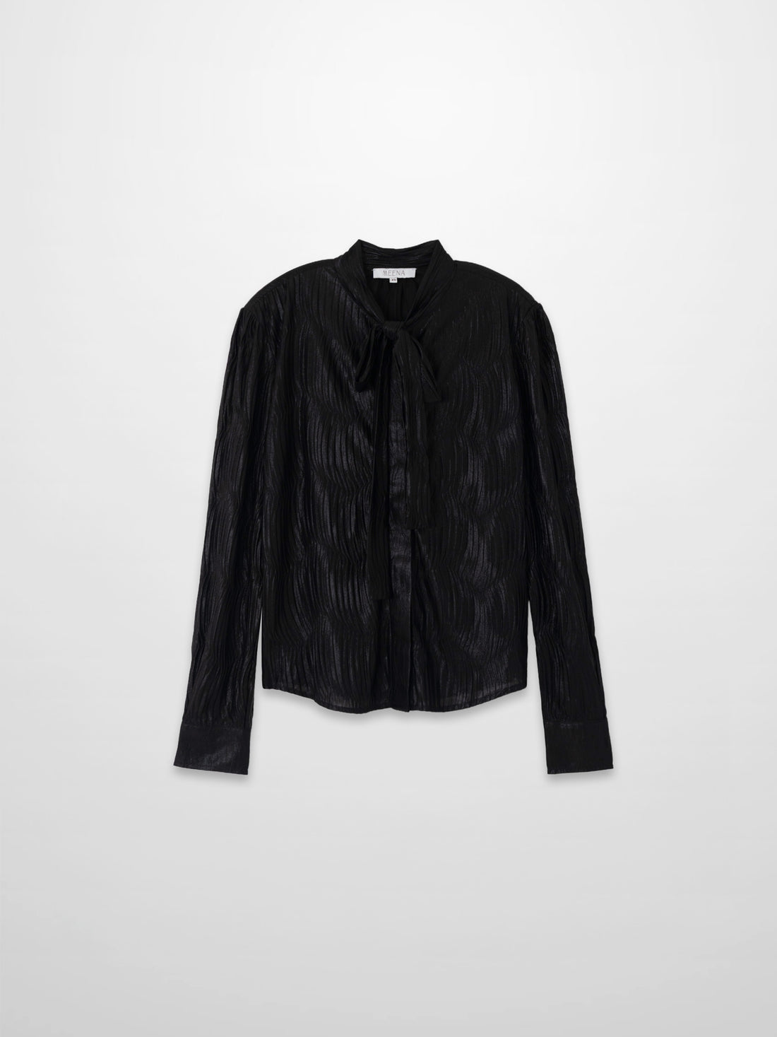 Shimmer Texture Bow Blouse-Black/Black
