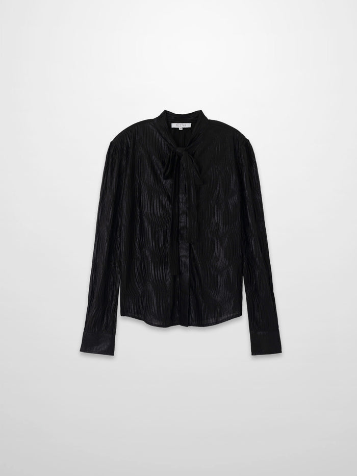 Shimmer Texture Bow Blouse-Black/Black