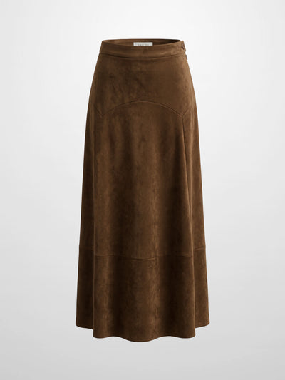 Curved Yoke Faux Suede Skirt - Brown