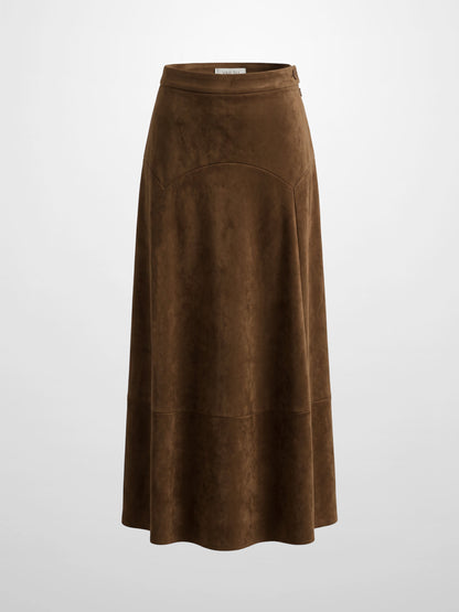 Curved Yoke Faux Suede Skirt - Brown
