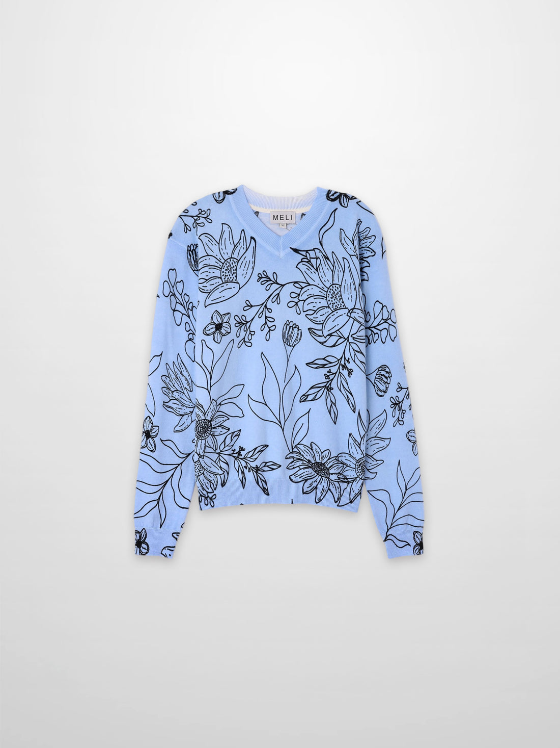 Printed High V Lightweight Sweater-Sketch Flower