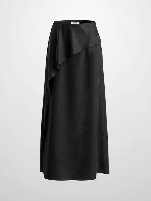 Faux Satin Ruffle Skirt - Black