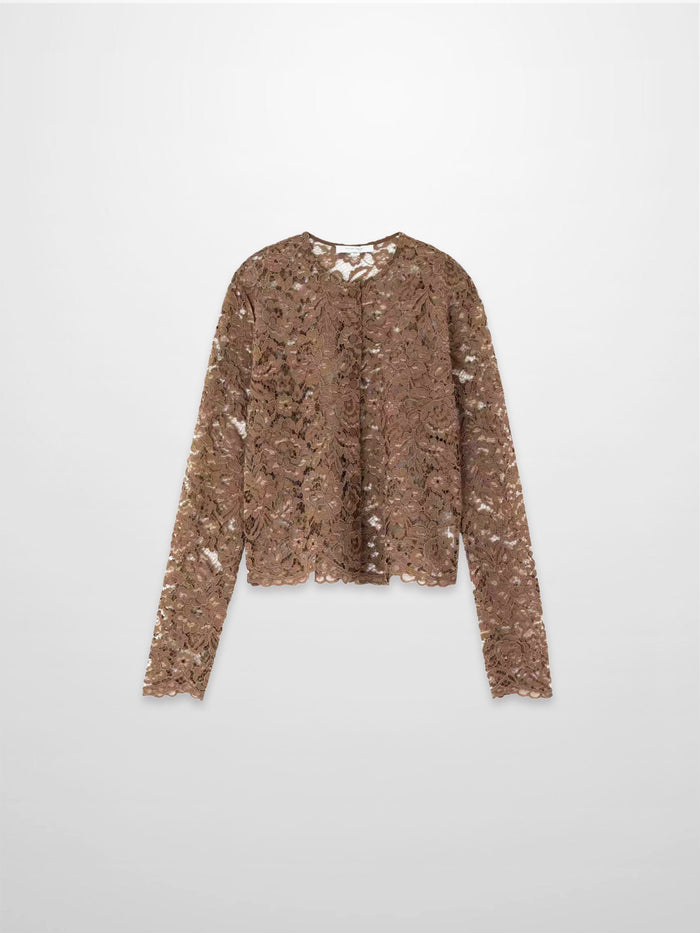 Lace Button Down Cardigan Top-Brown