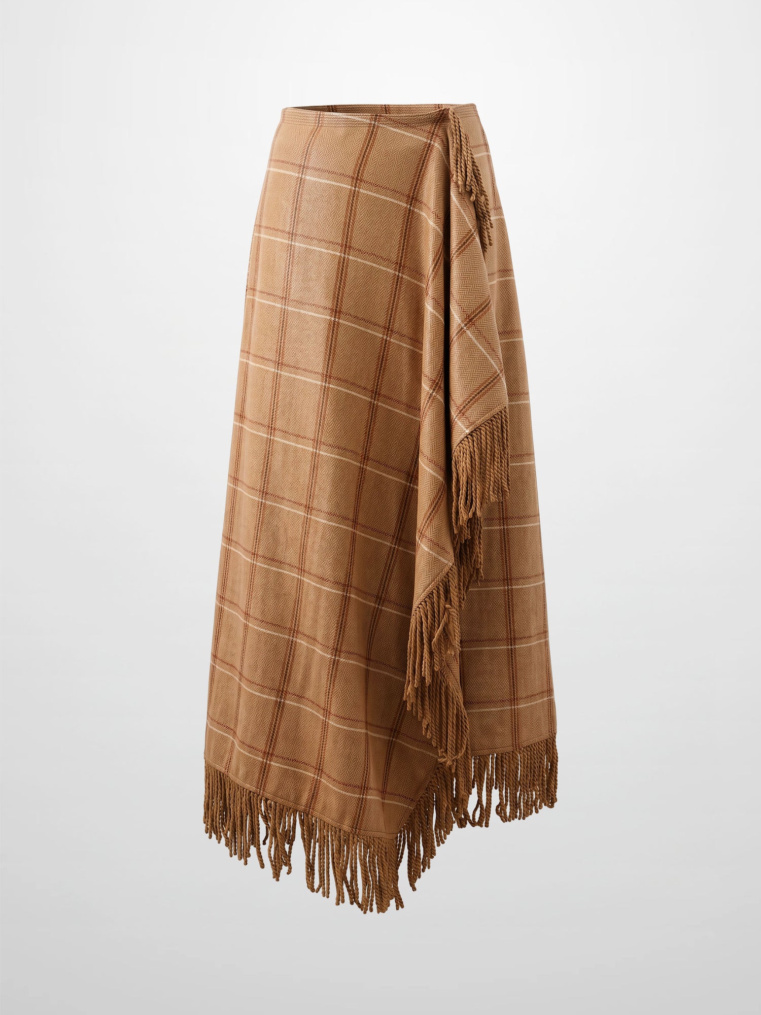 Tassel Mock Wrap Skirt - Camel Plaid