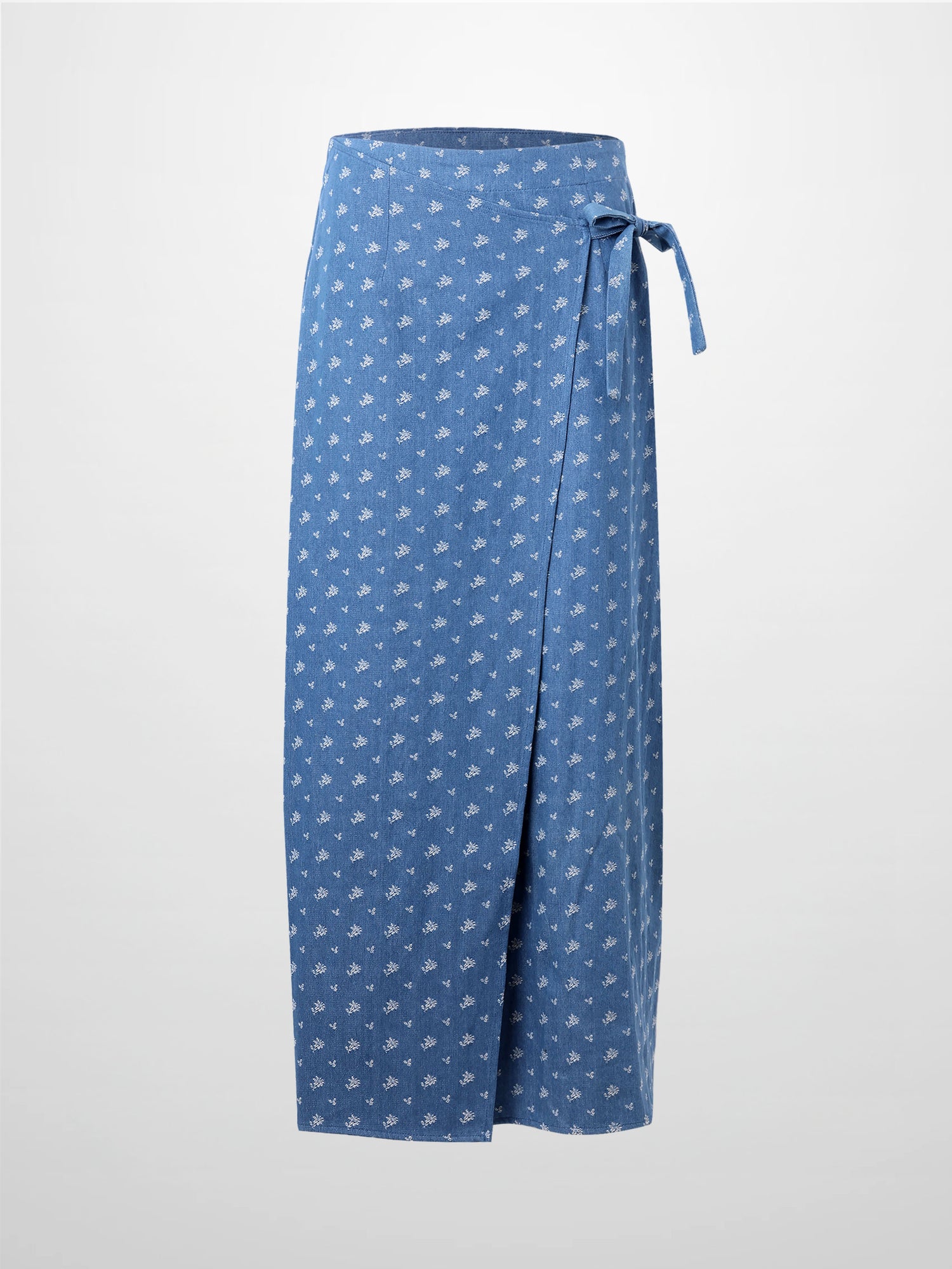 Mock Wrap Edged Detail Skirt-Blue Floral