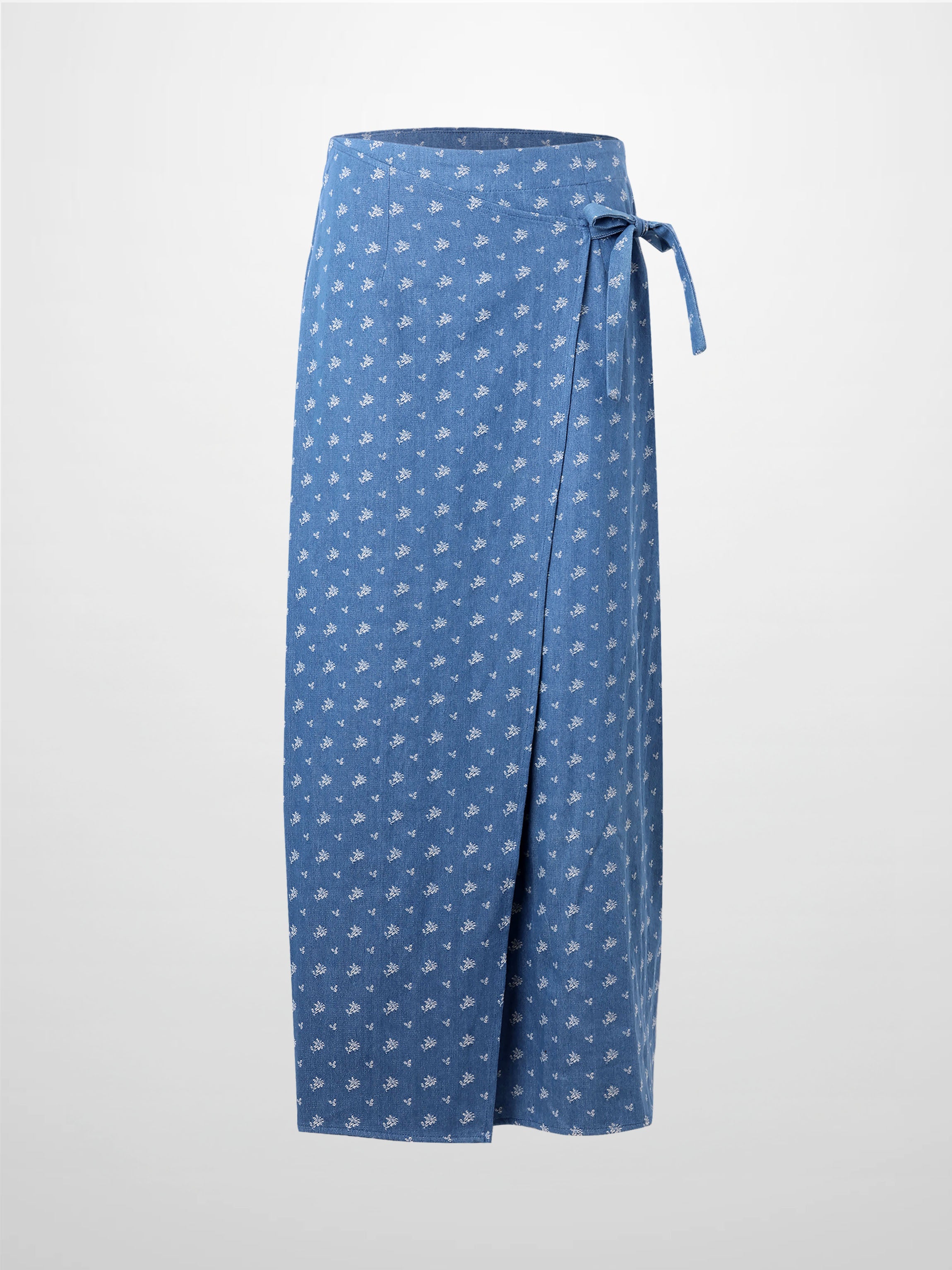 Mock Wrap Edged Detail Skirt-Blue Floral