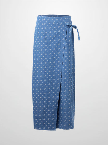 Mock Wrap Edged Detail Skirt-Blue Floral