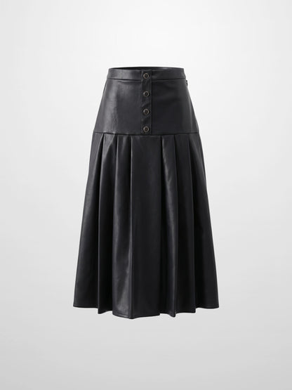 Yoke Faux Leather Pleat Skirt - Black