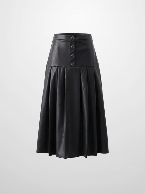 Yoke Faux Leather Pleat Skirt - Black