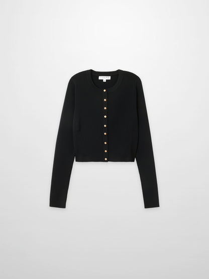 Gold Button Crop Cardigan-Black