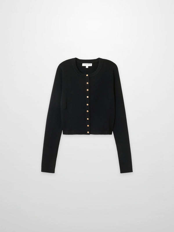 Gold Button Crop Cardigan-Black