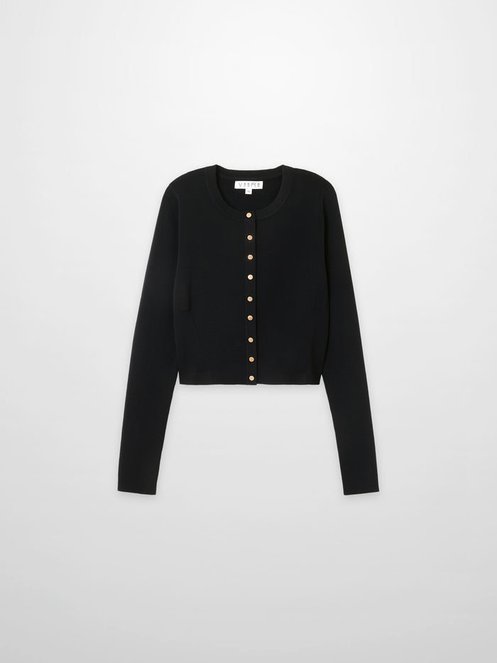 Gold Button Crop Cardigan-Black