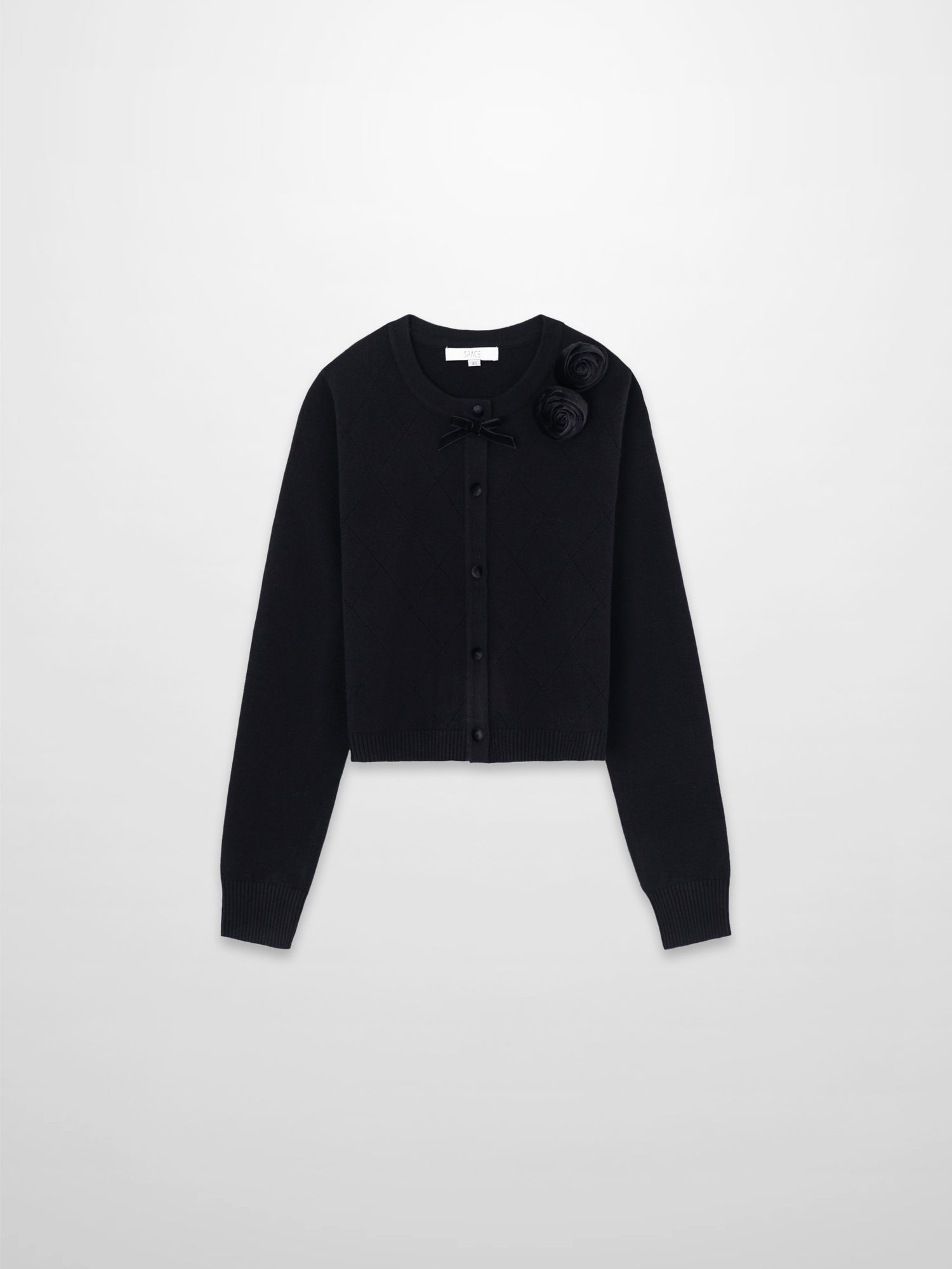 Velvet Detail Pointelle Crew Cardigan-Black/Black