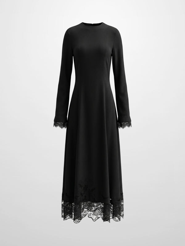 Lace Trim Crepe Dress-Black