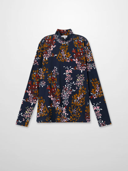 Boxy Printed Modal Turtleneck-Navy Leaf