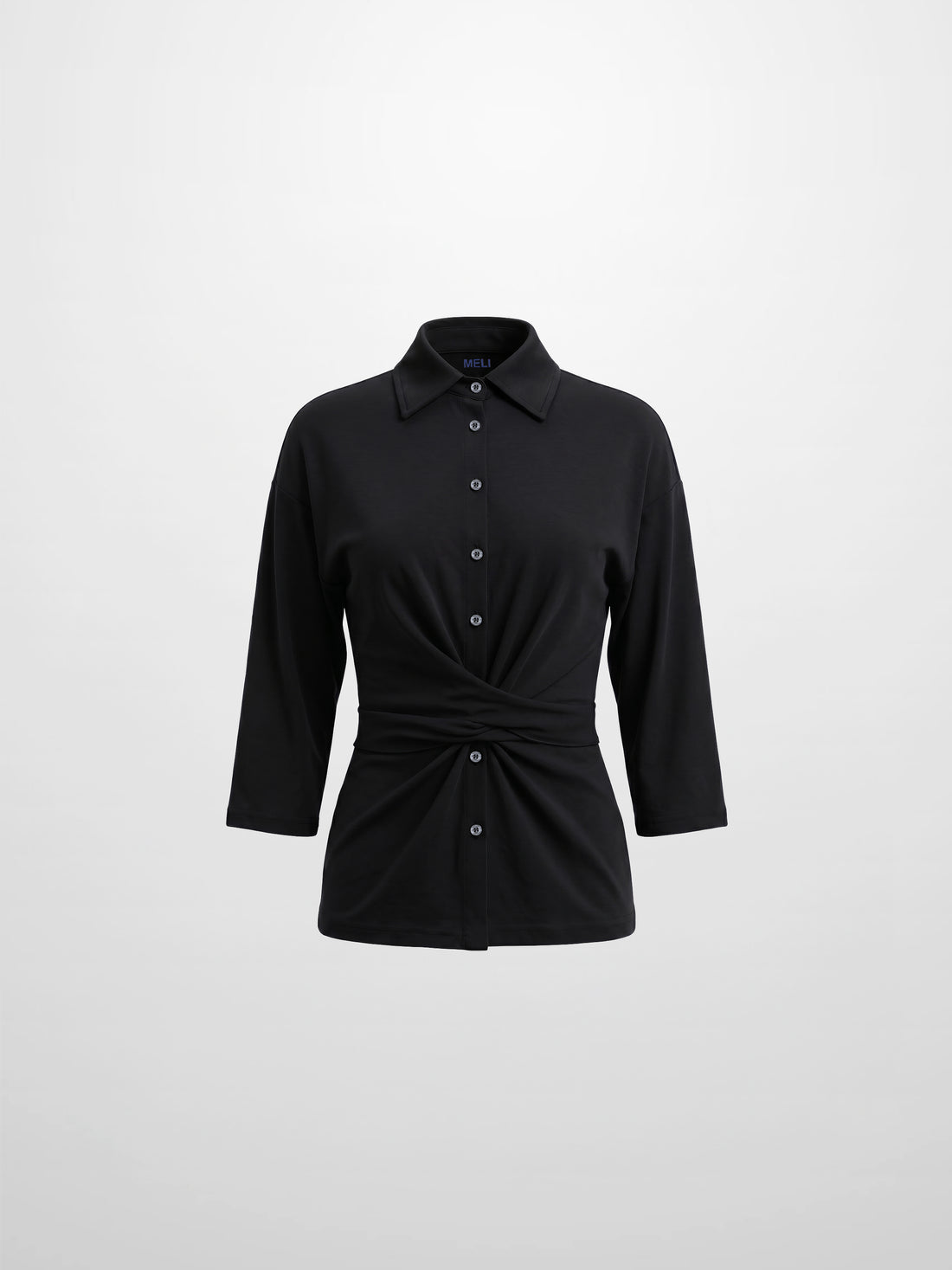 Waist Tie Button Down T-Shirt-Black