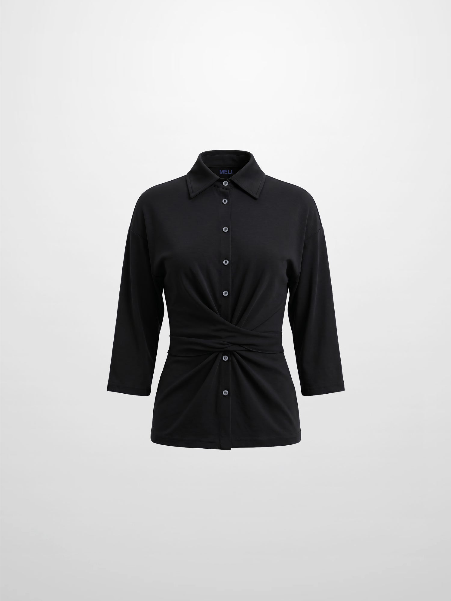 Waist Tie Button Down T-Shirt-Black