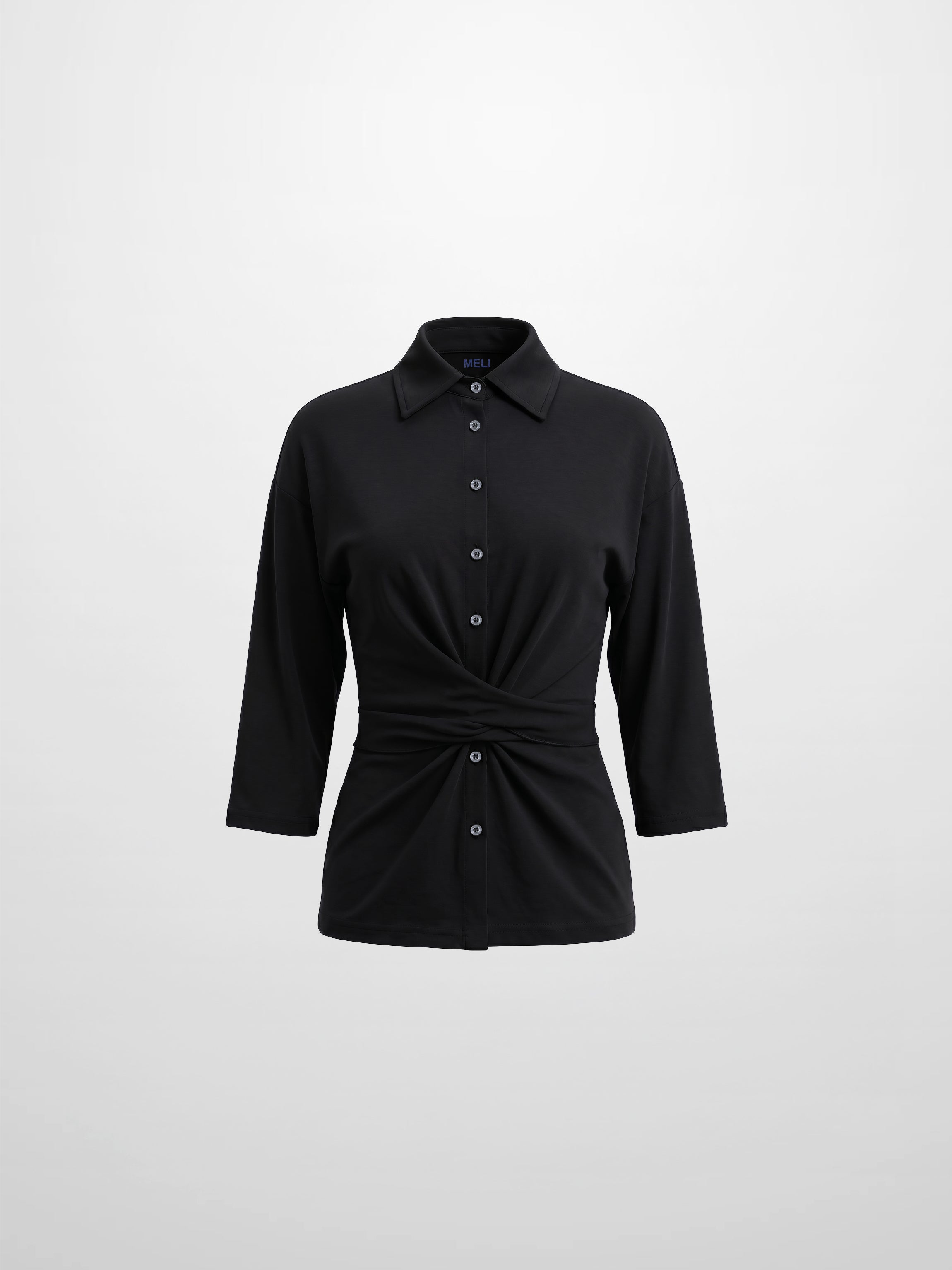Waist Tie Button Down T-Shirt-Black