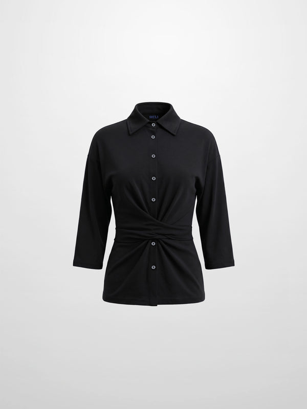 Waist Tie Button Down T-Shirt-Black