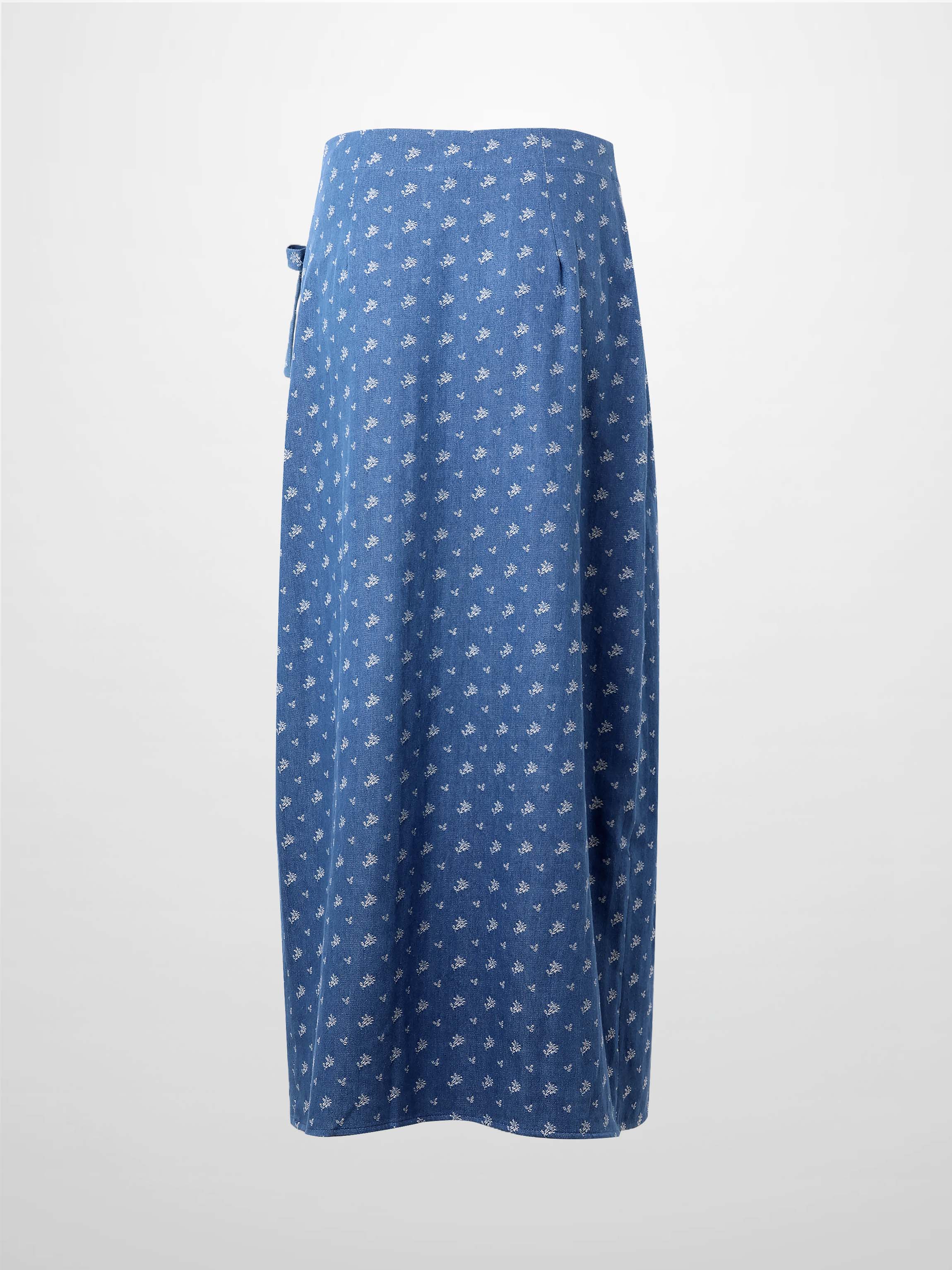 Mock Wrap Edged Detail Skirt-Blue Floral
