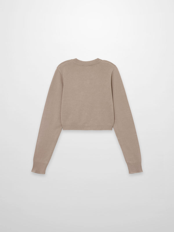 Trim Detail Crew Crop Cardigan-Heathered Latte