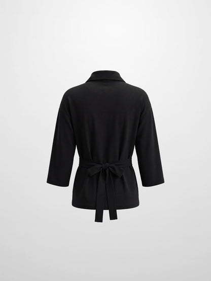 Waist Tie Button Down T-Shirt-Black