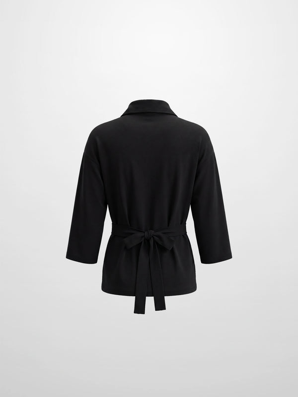 Waist Tie Button Down T-Shirt-Black