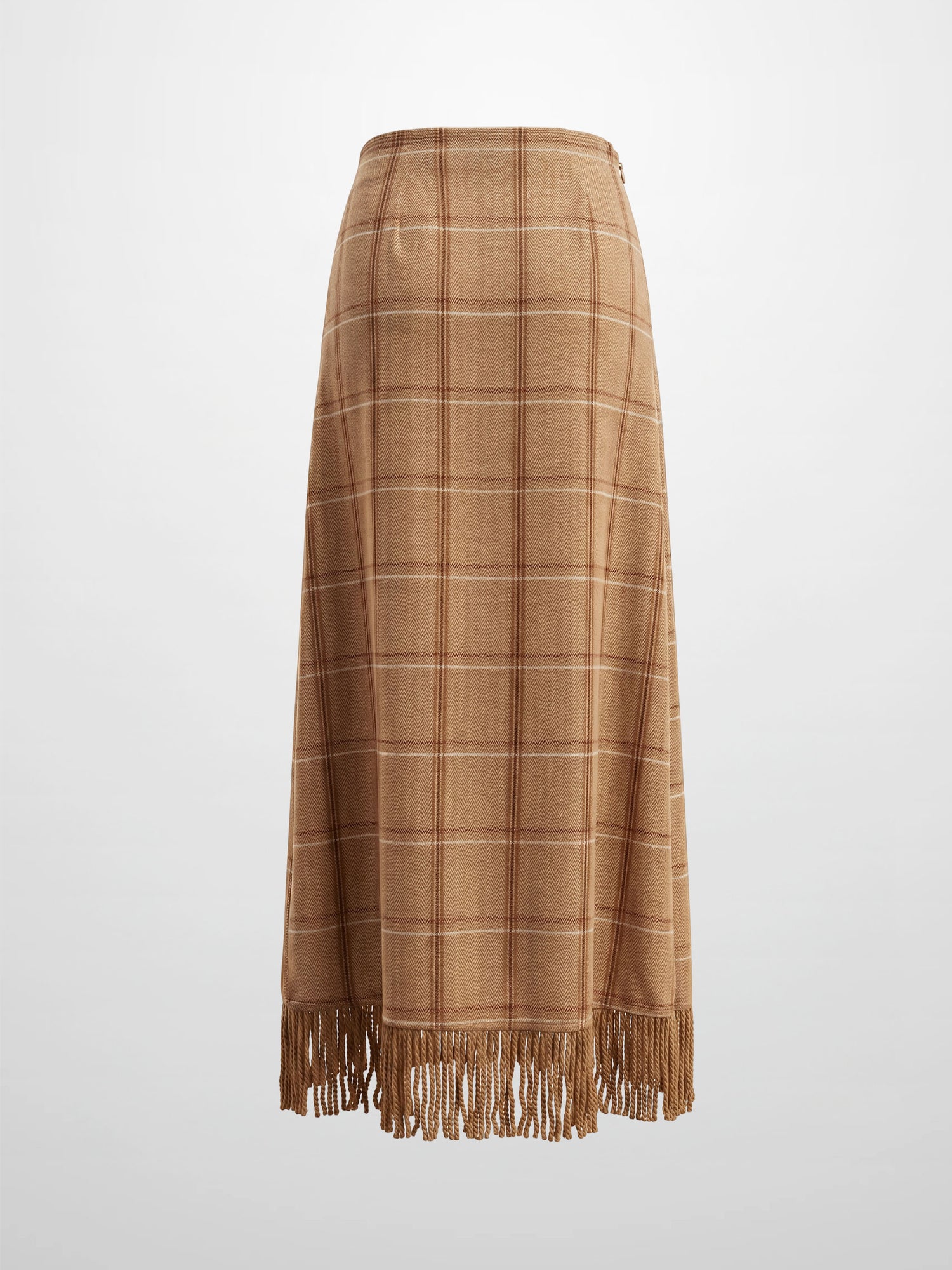 Tassel Mock Wrap Skirt - Camel Plaid