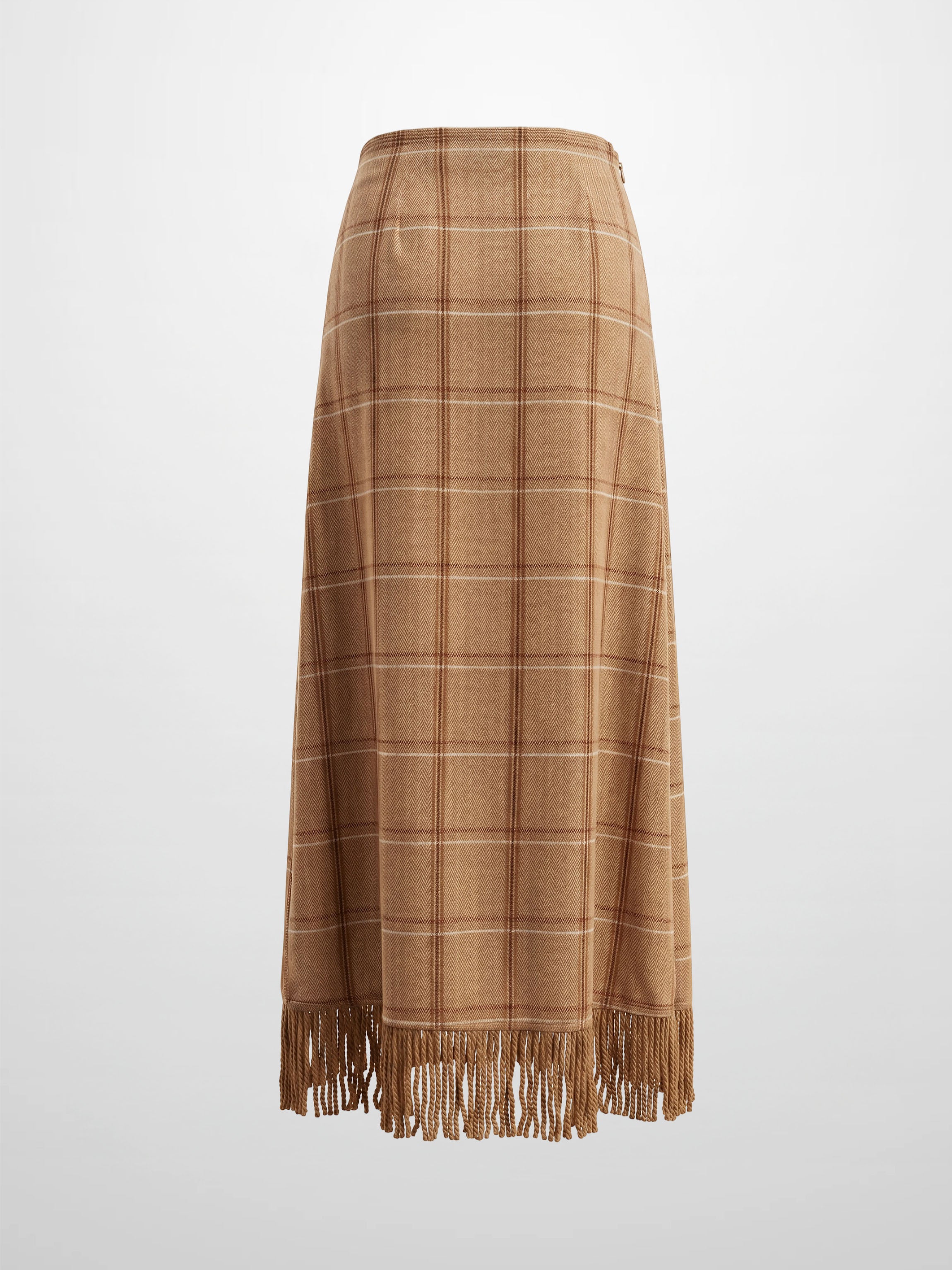 Tassel Mock Wrap Skirt - Camel Plaid