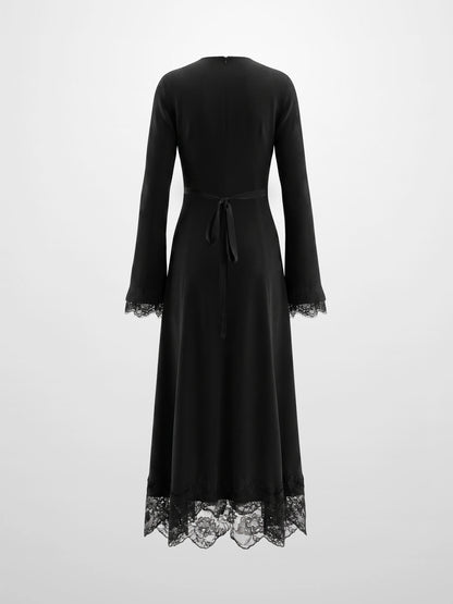 Lace Trim Crepe Dress-Black