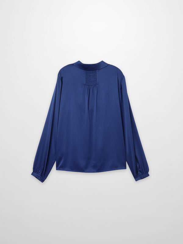 Faux Satin Micro Stitch Blouse-Navy