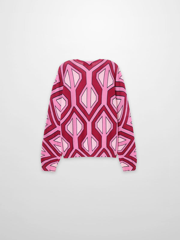 Printed Thin Button-Down Crew Cardigan-Pink Geometric