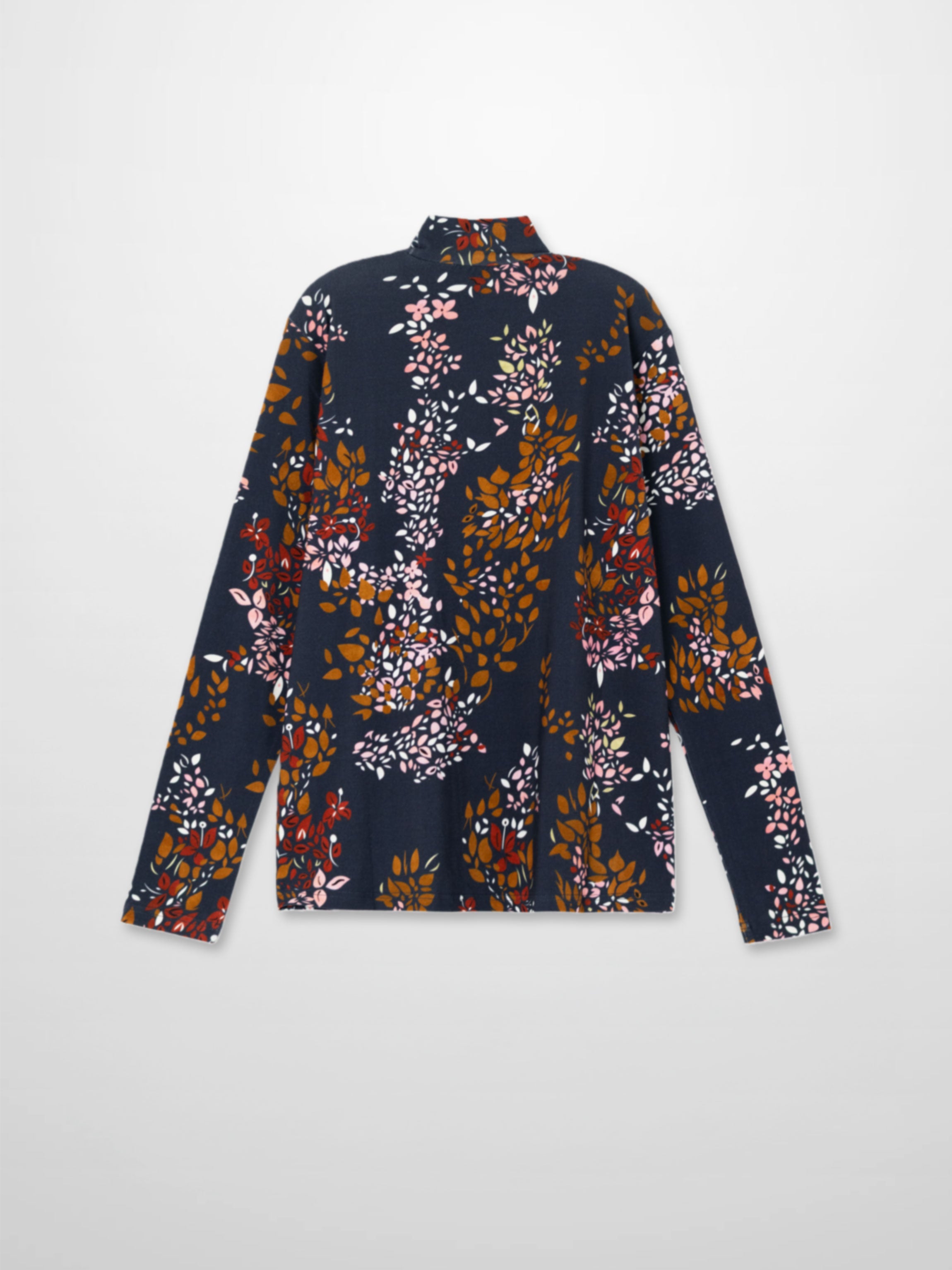 Boxy Printed Modal Turtleneck-Navy Leaf