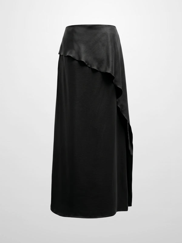 Faux Satin Ruffle Skirt - Black